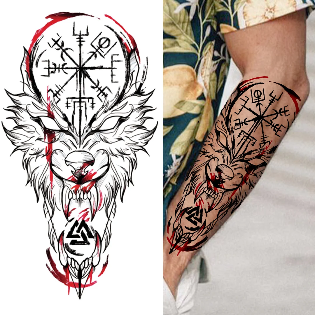 Sdrawing Wolf Temporary Tattoos For Men Women Adult Fake Lion Tattoo Sticker Tiger Black Tribal Body Art Drawings Tatoos Arm