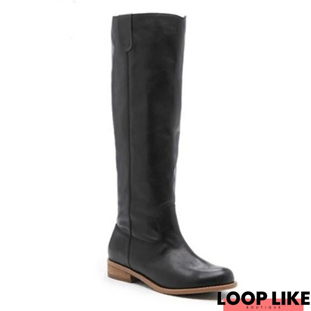 Plain Flat Velvet Round Toe Casual Knee High Flat Boots