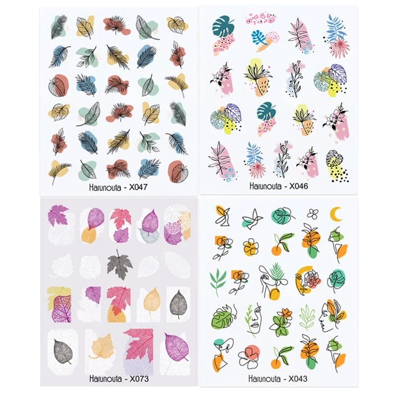 Harunouta Spring Flower Leaf Water Decals Love Heart Geometric Lines Nail Art Stickers DIY Slider Manicures Nail Art Decoration