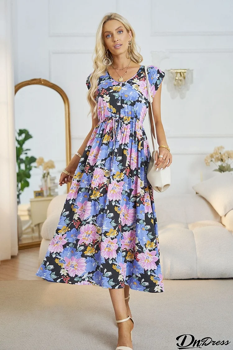 Floral V-Neck A-Line Midi Dress