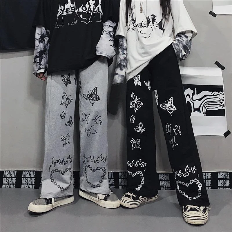 Harajuku Style Retro Butterfly Print Couple Casual Pants Techwear Shop