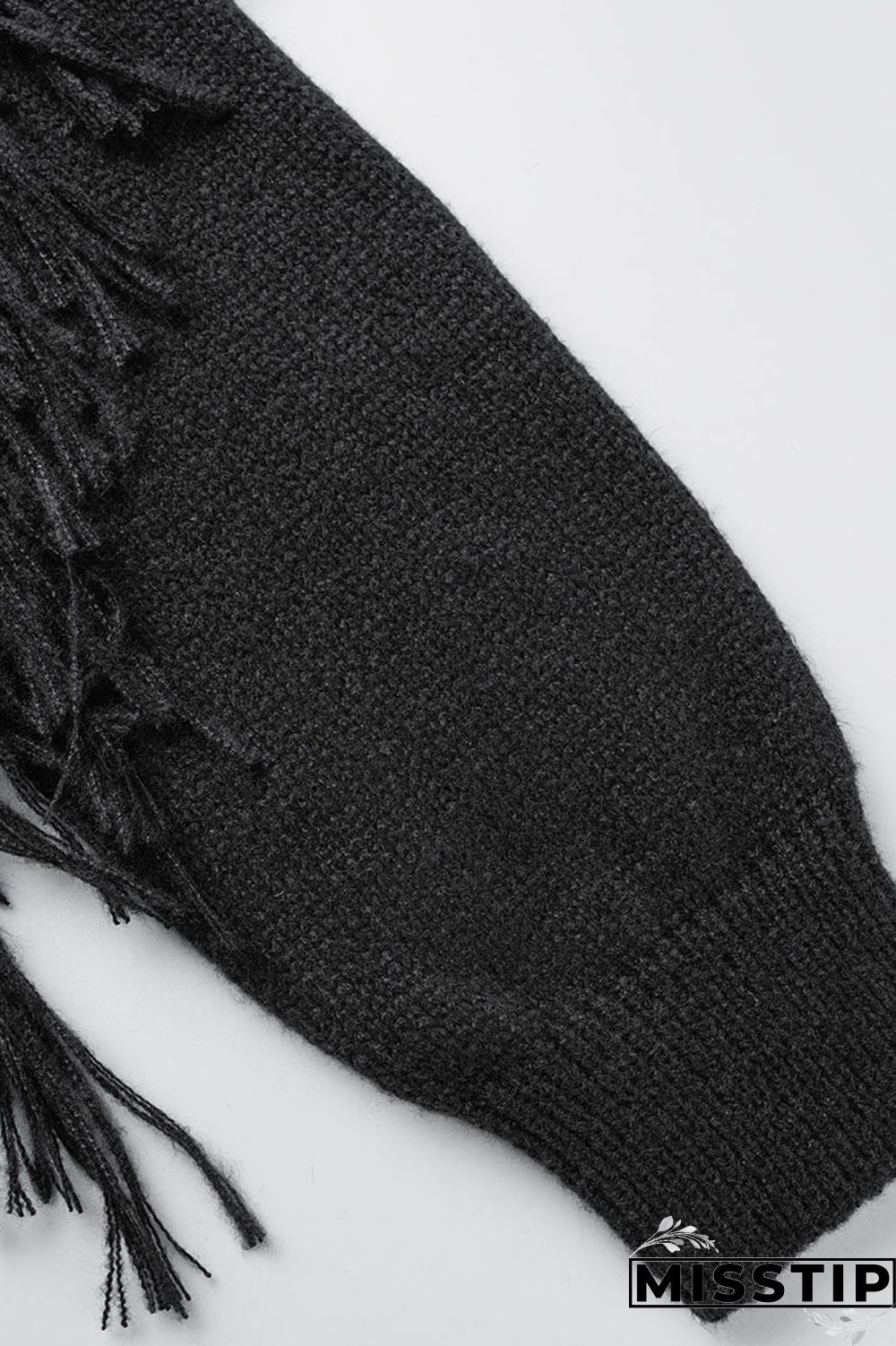 Black Casual Solid Tassel O Neck Tops