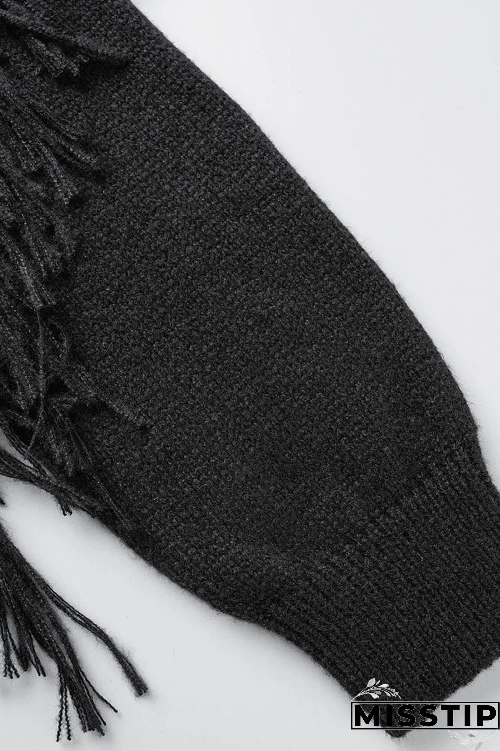 Black Casual Solid Tassel O Neck Tops