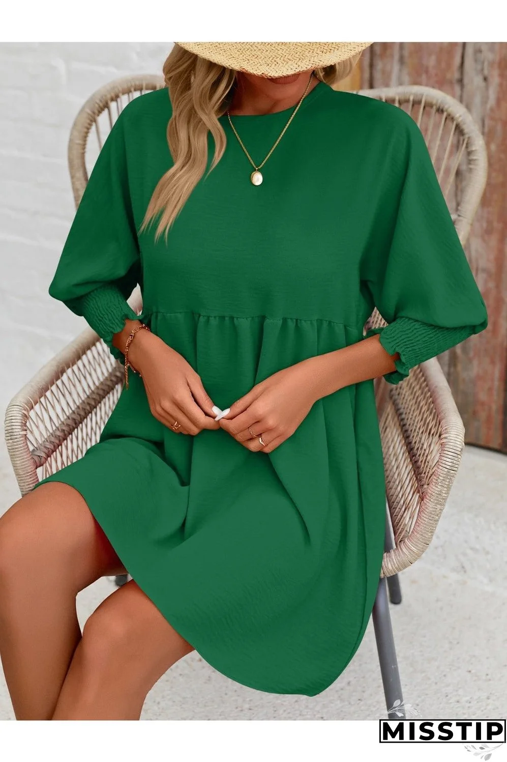 Round Neck Lantern Sleeve Mini Dress