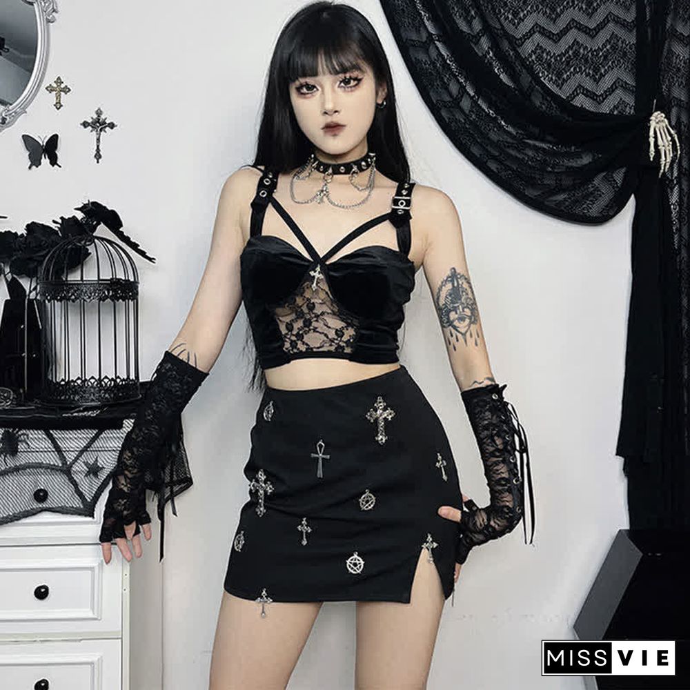 Gothic Cross Buckle Lace Hollow Out Crop Top