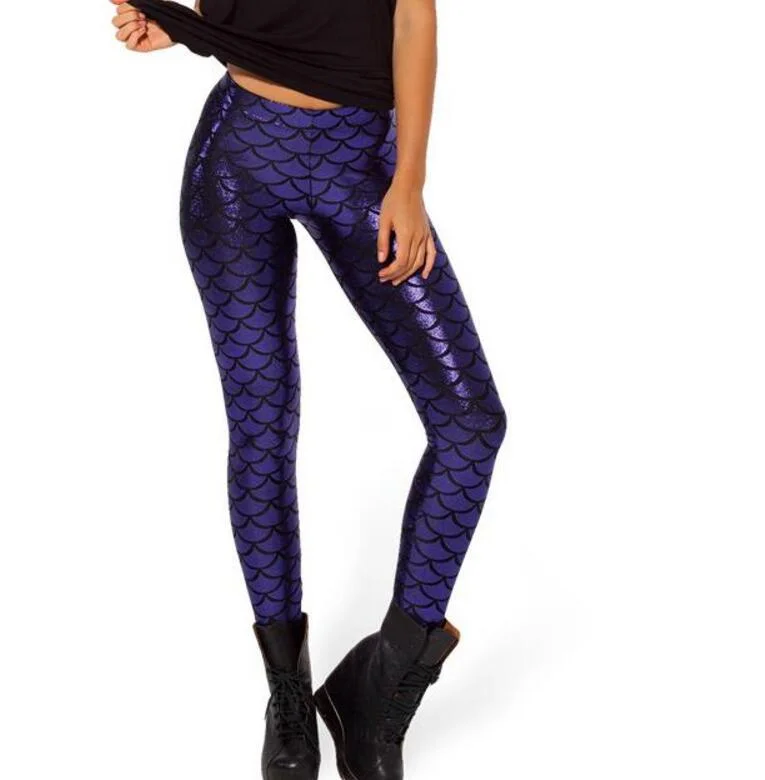 CUHAKCI Women Fish Scale Print Mermaid Leggings Push Up Stretch Shiny Pants Casual Trousers