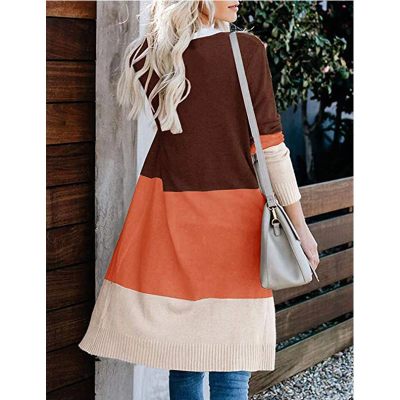 Athvotar Athvotar Clamming Long Knitted Sweater Rainbow Spliced Striped Cardigan Sweater Coat Women's Autumn And Winter