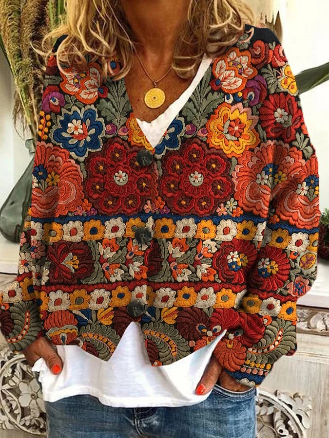 Vintage Embroidered Floral Print Casual Loose Buttoned Flannel Cardigan
