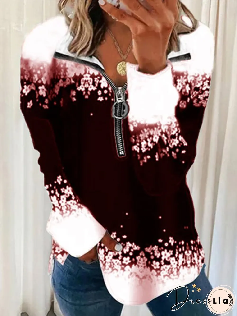 Plus Size Casual Zipper Printed Sweatshirts