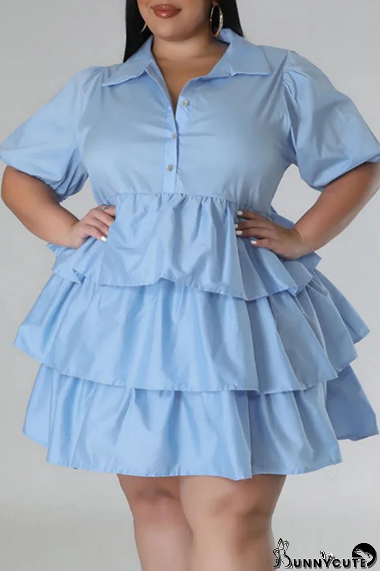 Light Blue Casual Solid Patchwork Turndown Collar Cake Skirt Plus Size Dresses