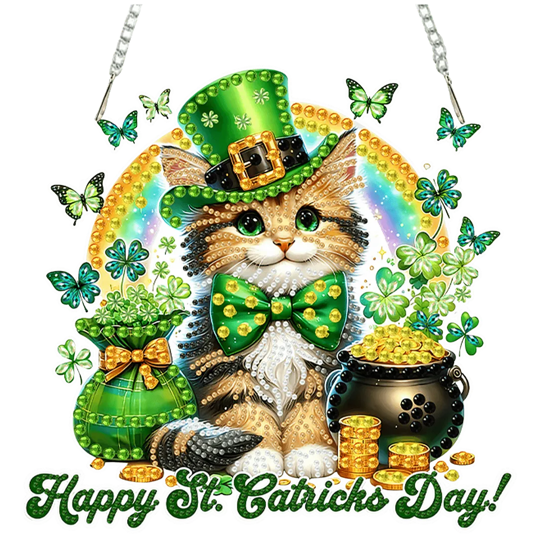 St Patricks Day Cat DIY 2D Flat Acrylic Diamond Painting Kits 5D Diamond Art Painting Window Pendants for Home Garden Wall Decoration