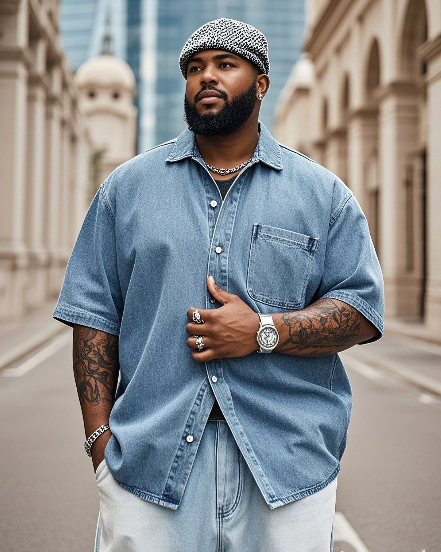 Plus Size Men's All-match Denim Denim Short-sleeved Shirt