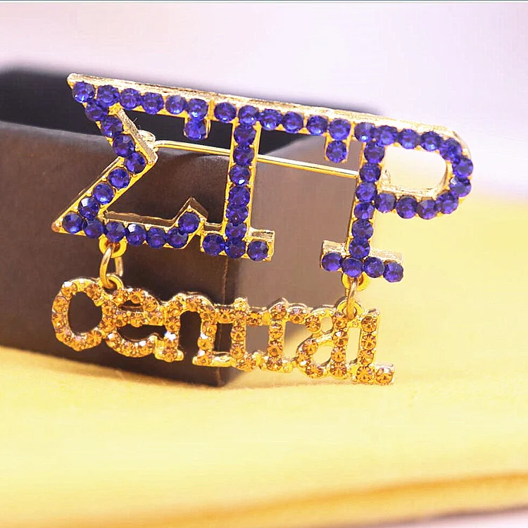 Alloy Metal Blue Yellow CZ Diamond Greek Letters Sigma Gamma Rho Central Brooch Society Club Lapel Pin Jewelry Customize