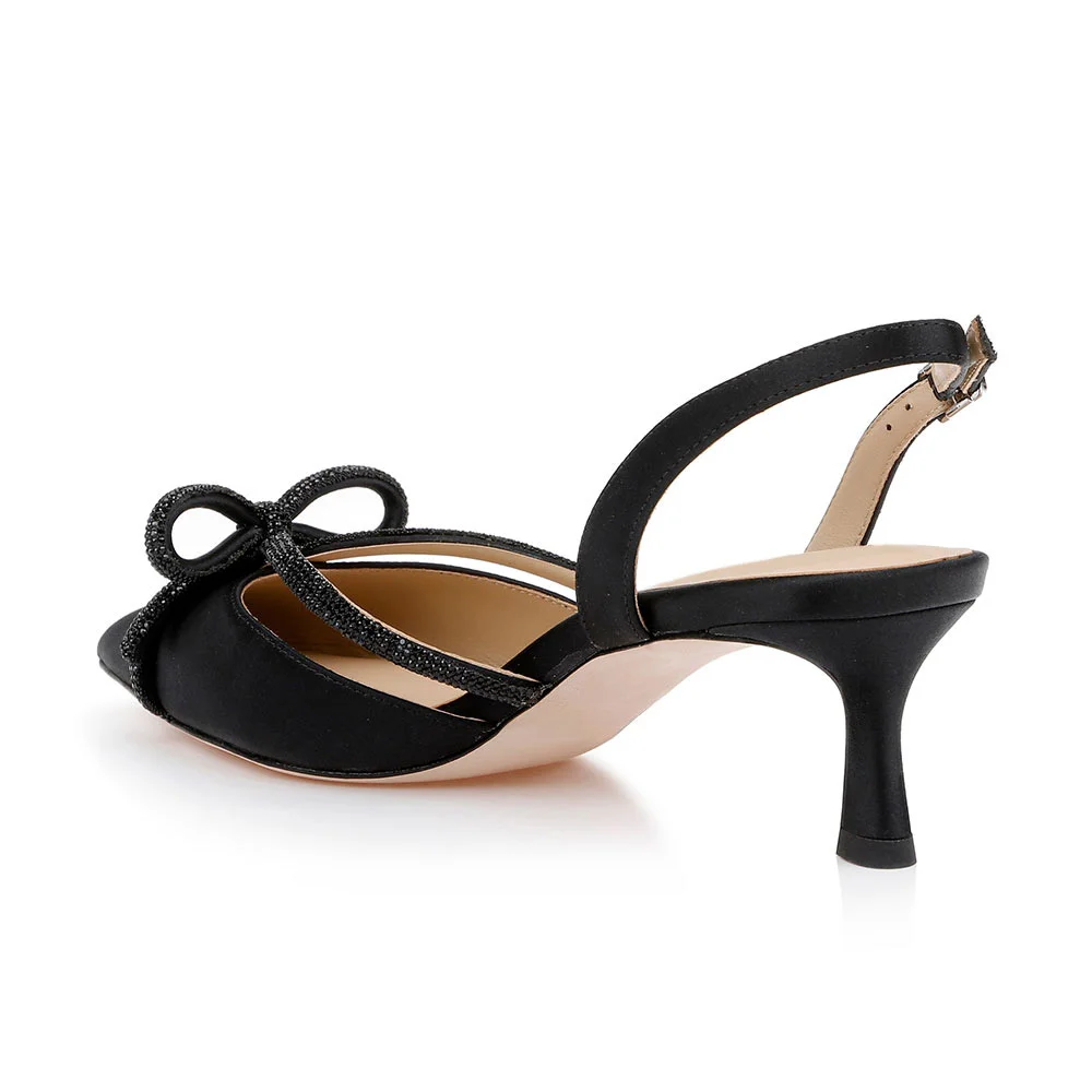 Stylish Black Satin Pointed Toe Jeweled Bow Slingback Kitten Heels