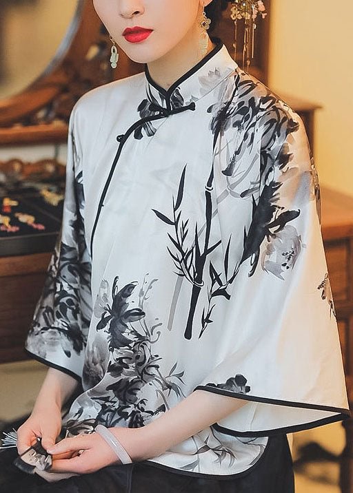Chinese Style White Stand Collar button print Silk Top Spring CK975- Fabulory
