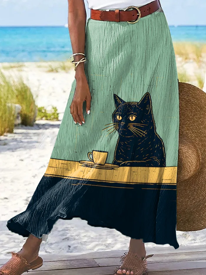 Women's Chilling Lazy Cat With Coffee Print Casual Skirt​