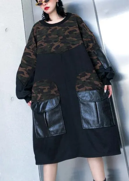 DIY patchwork Cotton big pockets tunics for women Fabrics black o neck Dress