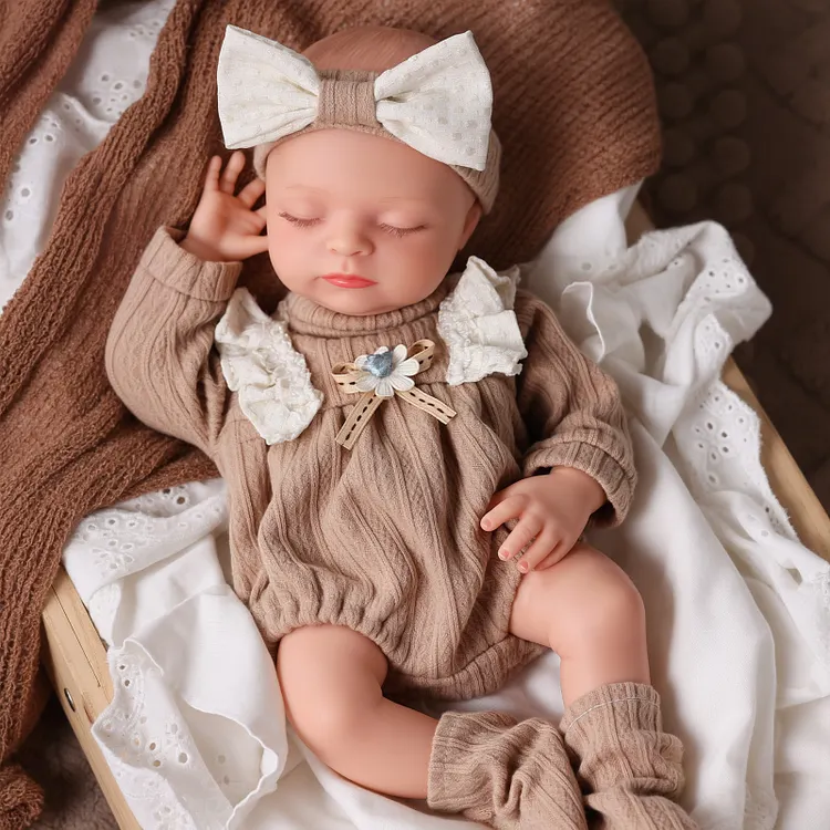 Babeside Larry 16" Full Silicone Reborn Baby Doll Sleeping Little Infant Girl in Beige Knit Romper