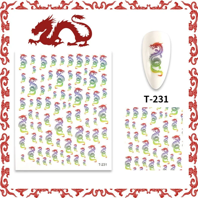 New 3D Nail Art Stickers Decals Red Black Dragons Design Colorful Adhesive Stickers Nail Art Decoration-Nail Inspo