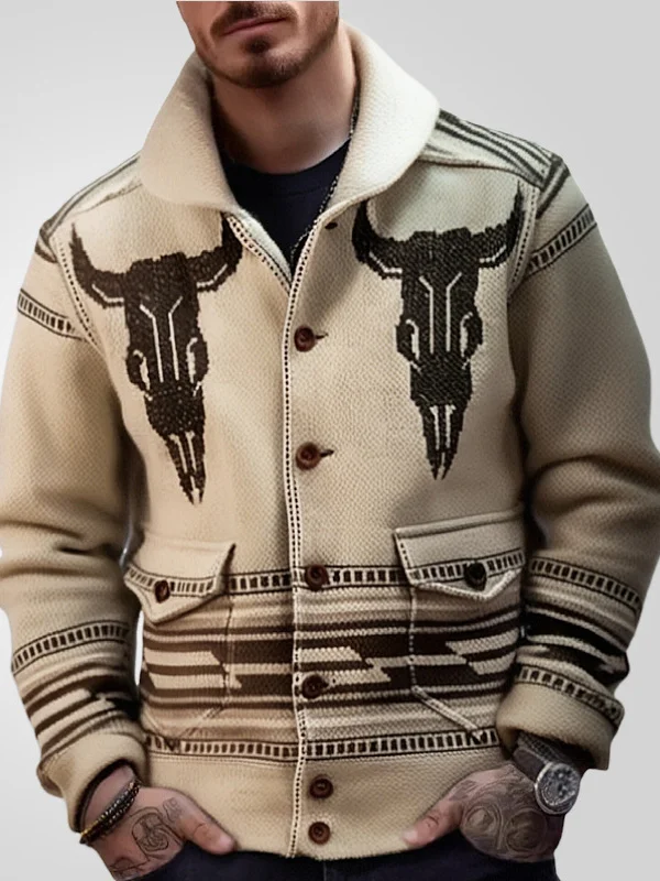 Men's Retro Cow Jacquard Button Pocket Knit Jacket
