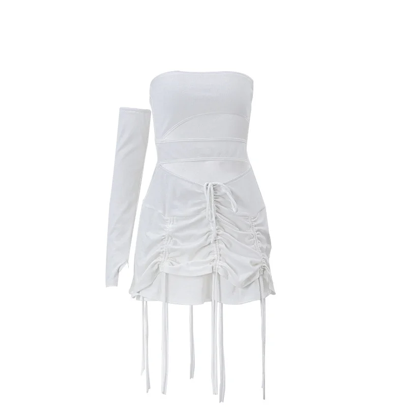Uveng Uveng 2023 Ins Hot Style Women's Fashion Sexy Sweet Spicy Wind Sleeve Pleated Drawstring Slim Dress