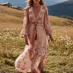 Vintage Bohemian Pink Embroidered Floral Lightweight V-neck Long Sleeve Dress - Image 2