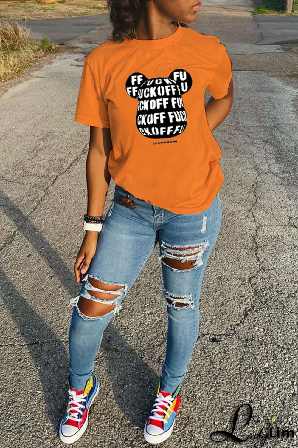 Orange Fashion Casual Cartoon Print Basic O Neck T-Shirts
