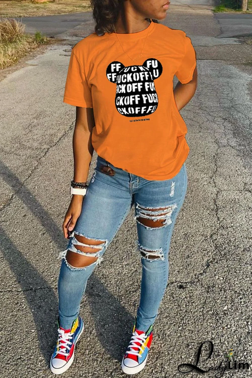 Orange Fashion Casual Cartoon Print Basic O Neck T-Shirts