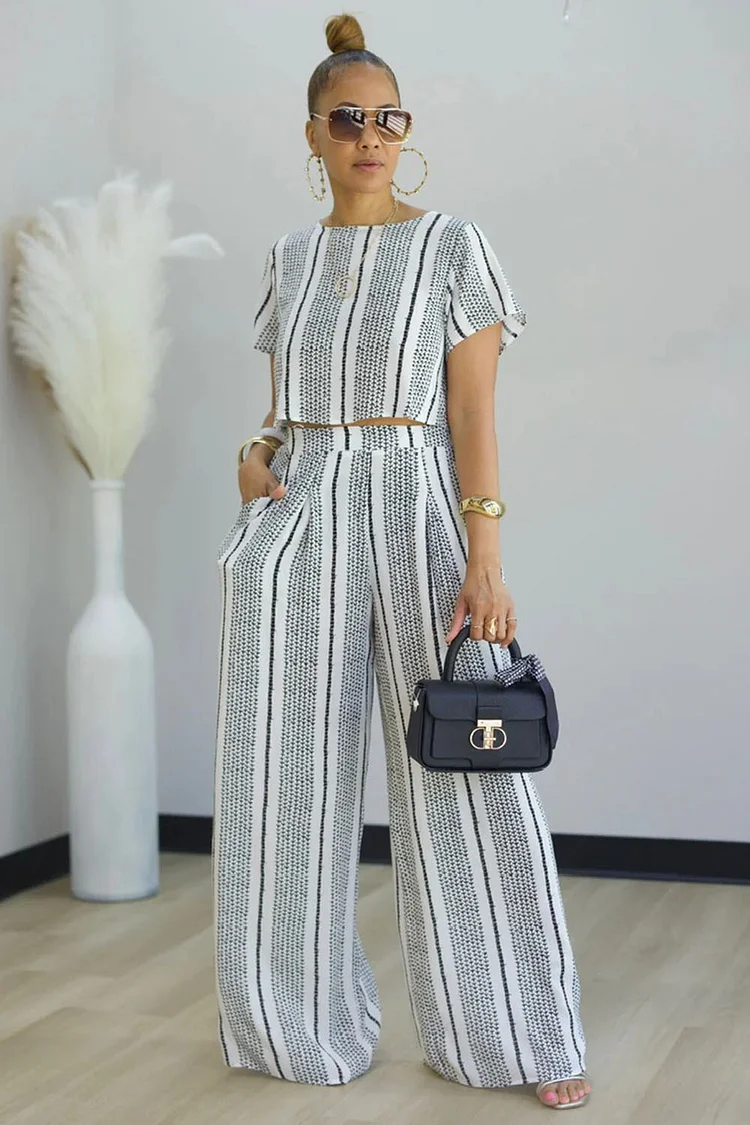 Stripe Print T-Shirt High-Rise Wide Leg Pants 2pcs Set-White [Pre Order]
