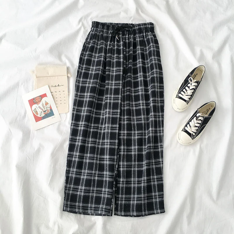 Casual Pants Women Elastic Waist Plaid Wide Leg Trousers Womens Students Simple Chic Trendy Office Lady All-match Harajuku New