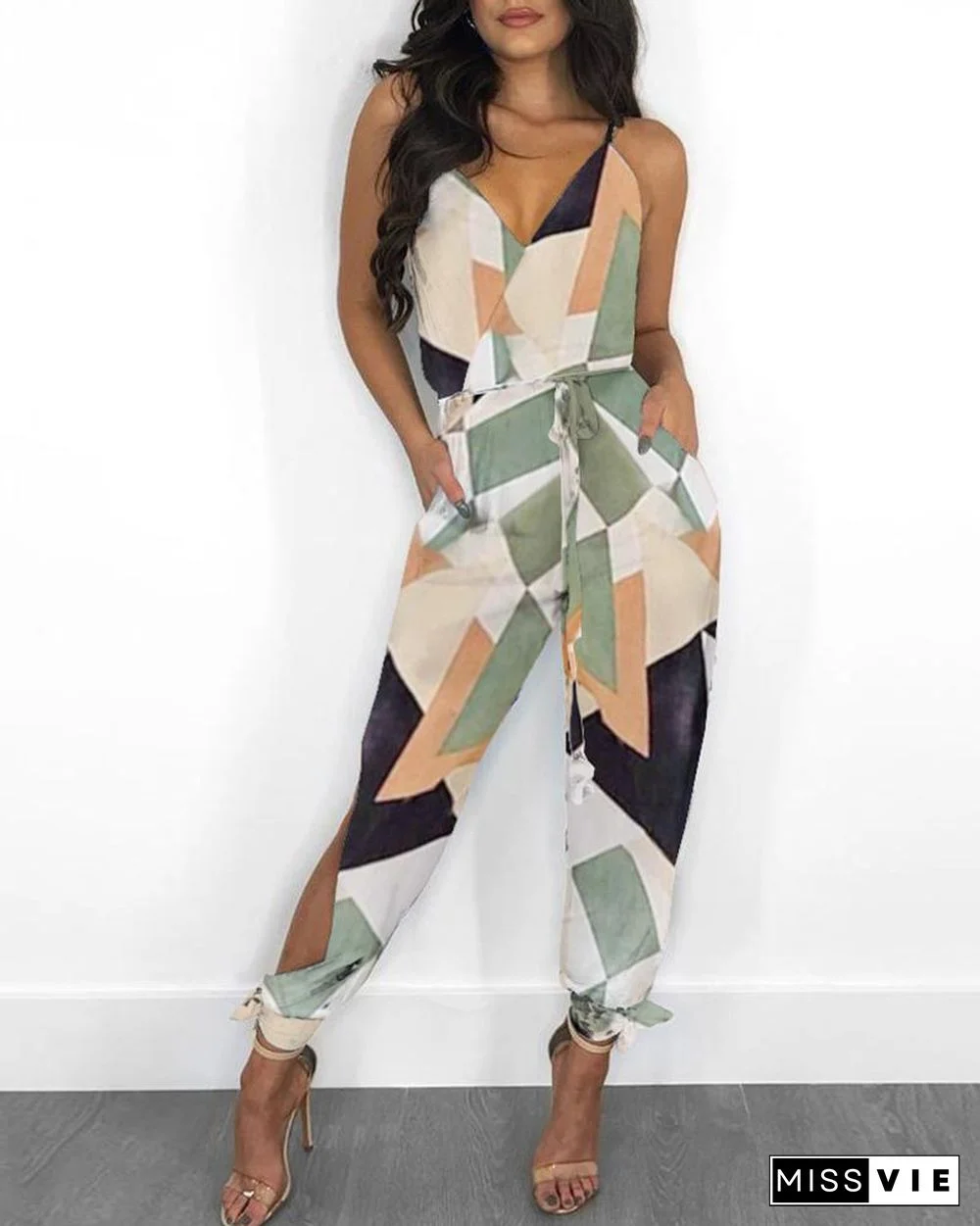 Colorblock Tied Pocket Front Casual Jumpsuit