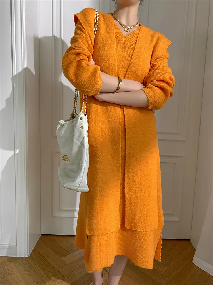 Elegant Knit Sweater Dress with Shawl - yankia