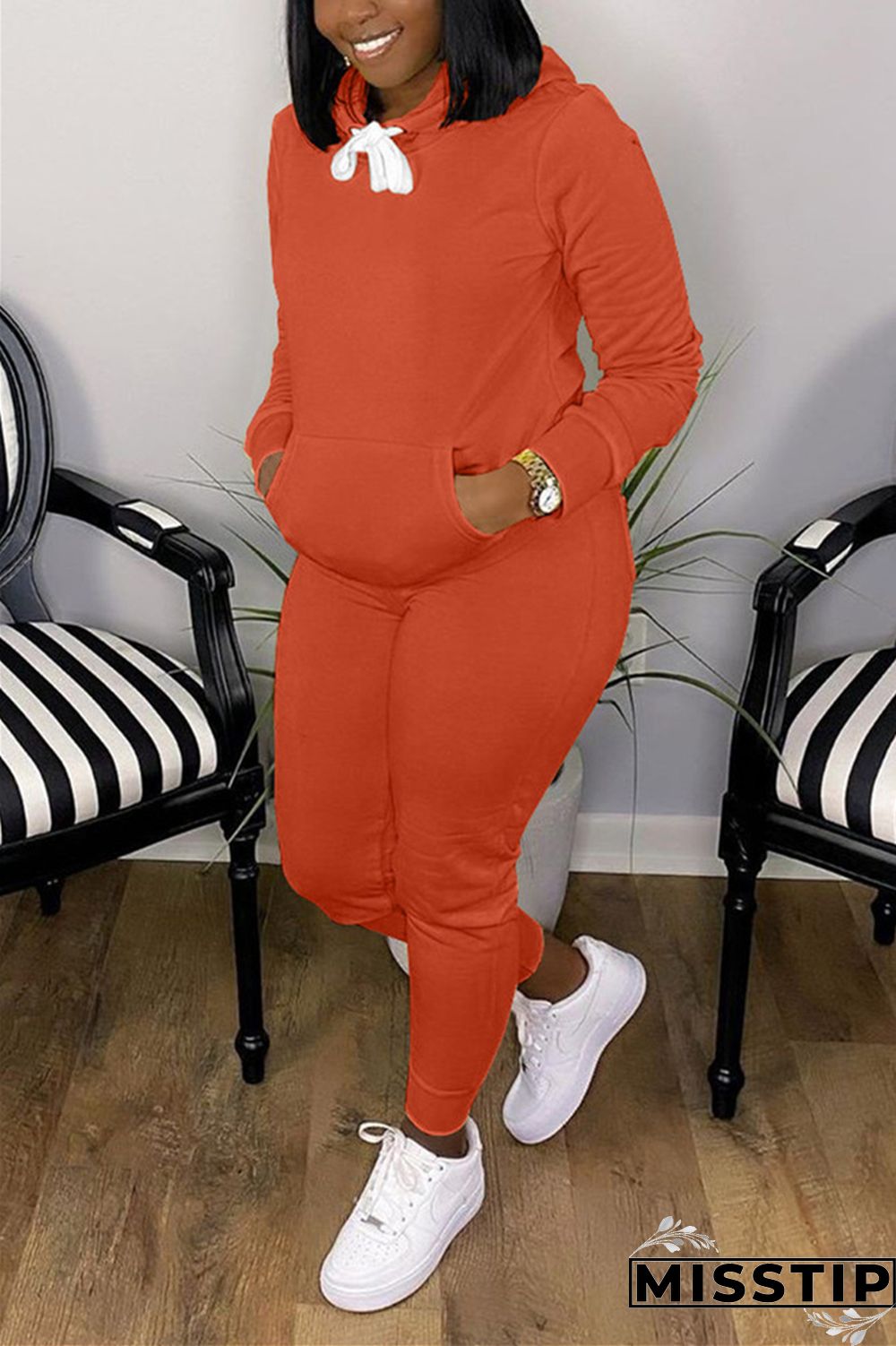 Orange Fashion Casual Long Sleeve Hooded Collar Regular Sleeve Regular Solid Two Pieces