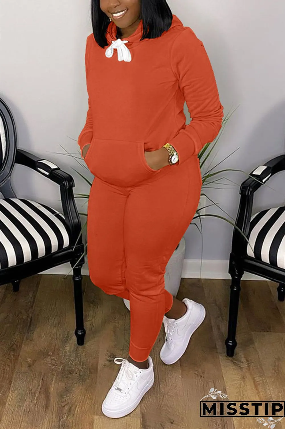 Orange Fashion Casual Long Sleeve Hooded Collar Regular Sleeve Regular Solid Two Pieces
