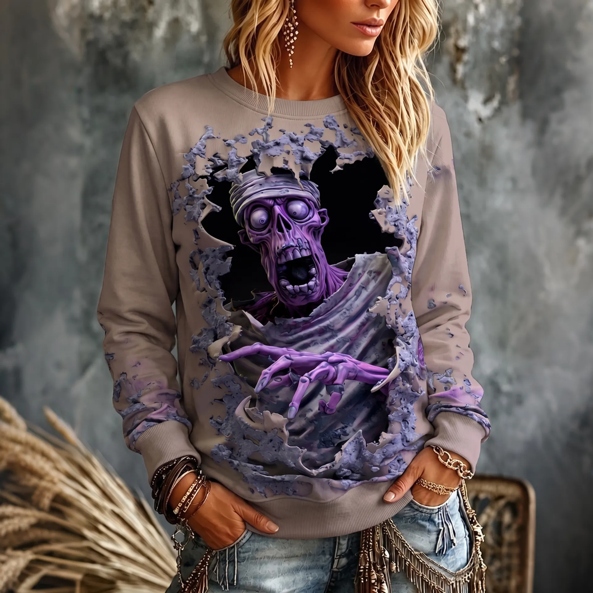 Women's Halloween Optical Illusion Zombies 3d Sweatshirt artswardrobe