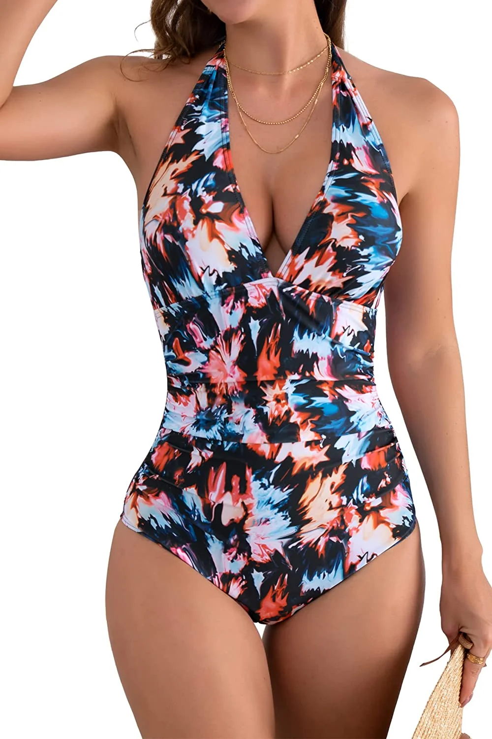 V Neck One Piece Backless Tummy Control Swimsuits