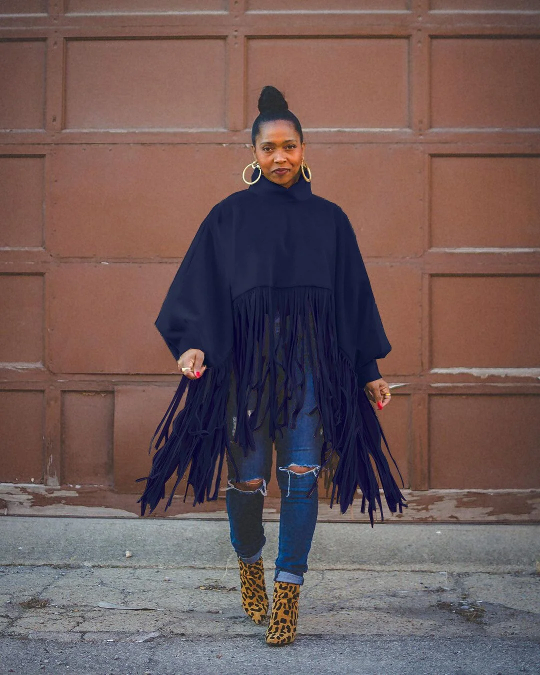 CM.YAYA Women Tassel Hem Batwing Sleeve Capes & Ponchos Streetwear Basic Elegant Turtleneck Autumn Winter INS Tops