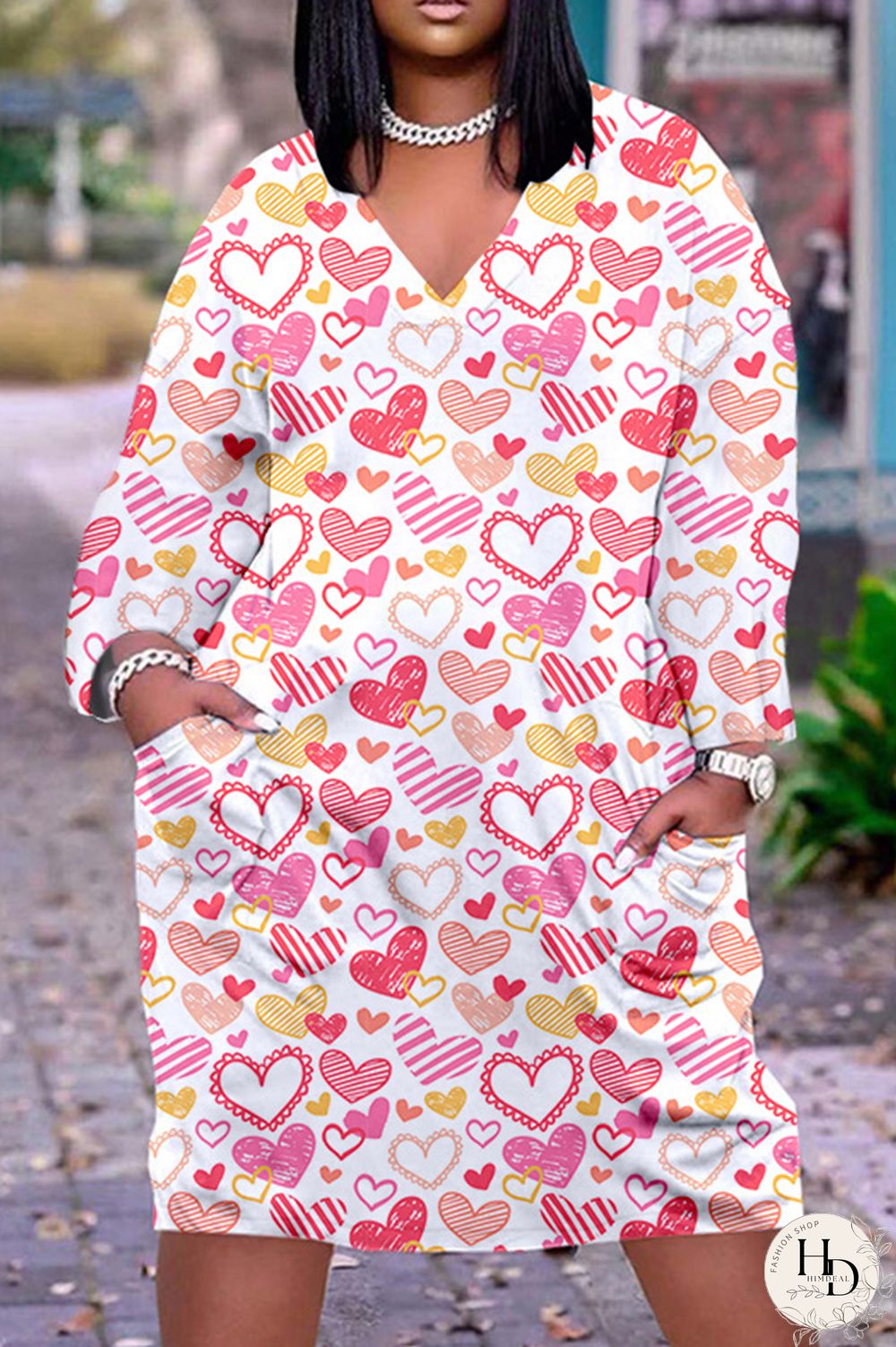 Deep Pink Casual Print Basic V Neck Long Sleeve Dresses