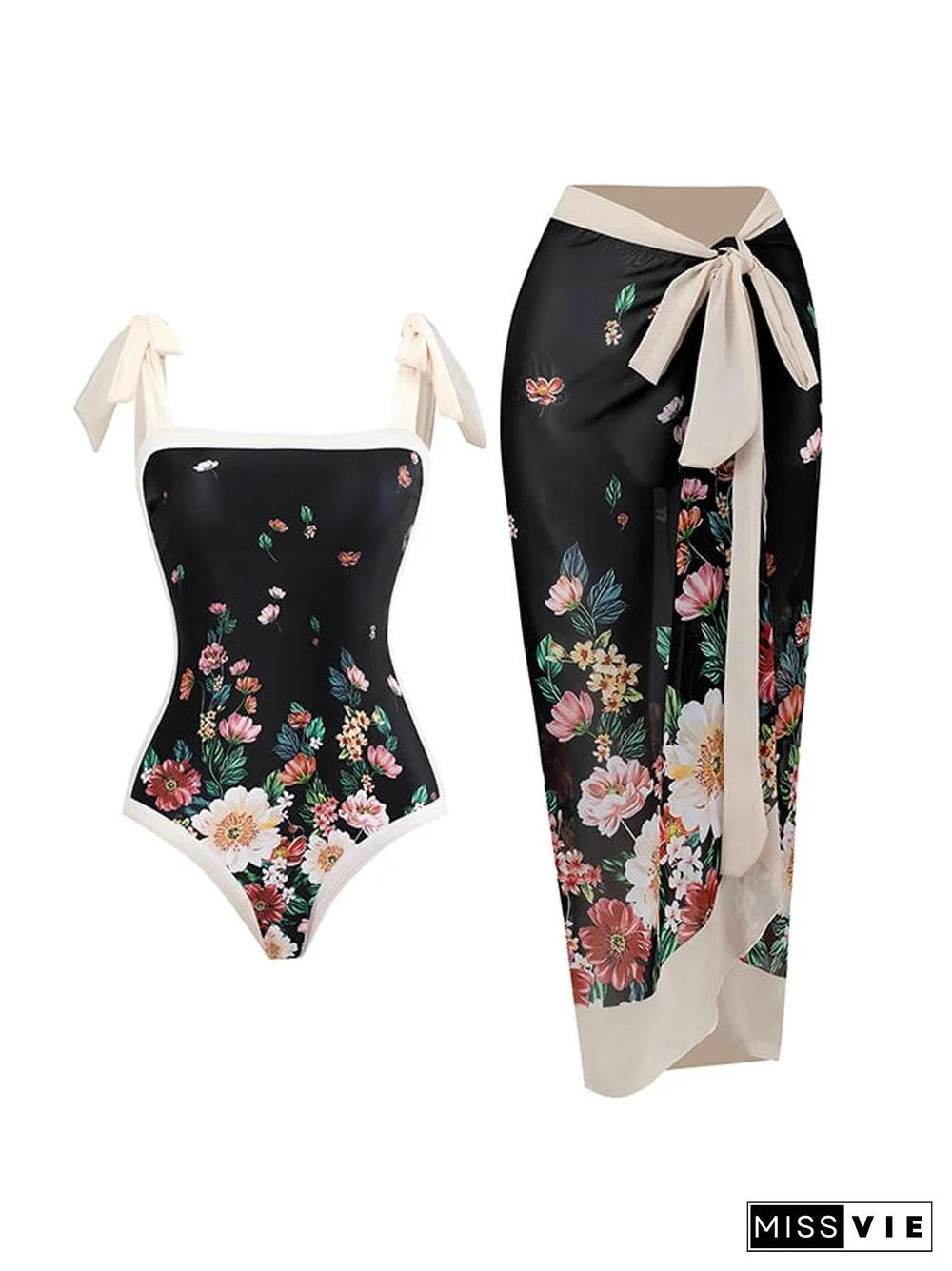 Women's Vintage Floral Print One-Piece Swimsuit Set