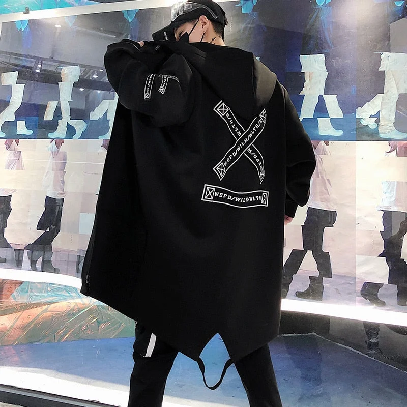 2021 Autumn Men Hooded Jackets Print Harajuku Windbreaker Ribbon Overcoat Male Casual Outwear Hip Hop Streetwear Coats