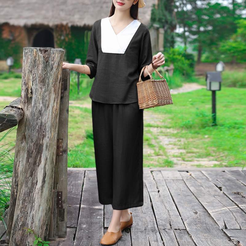 ZANZEA Women 2 Piece Sets 3/4 Tops And Wide Leg Straight Long Trousers Casual Loose Colorblock Patchwork Suits Oversized