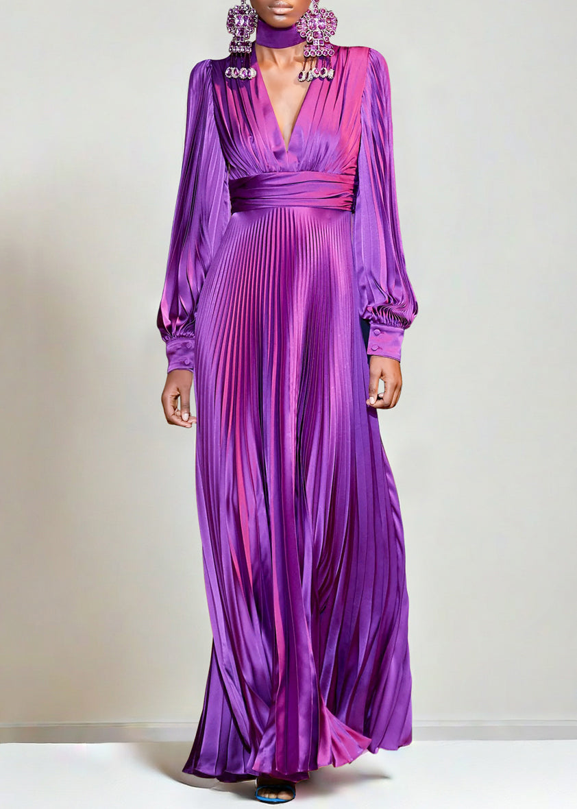 VCSHOES Purple V Neck Wrinkled High Waist Silk Ankle Dress Fall