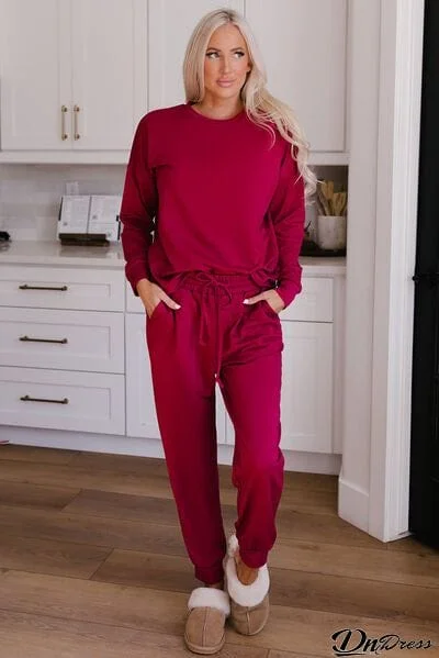 Round Neck Top and Drawstring Pants Lounge Set