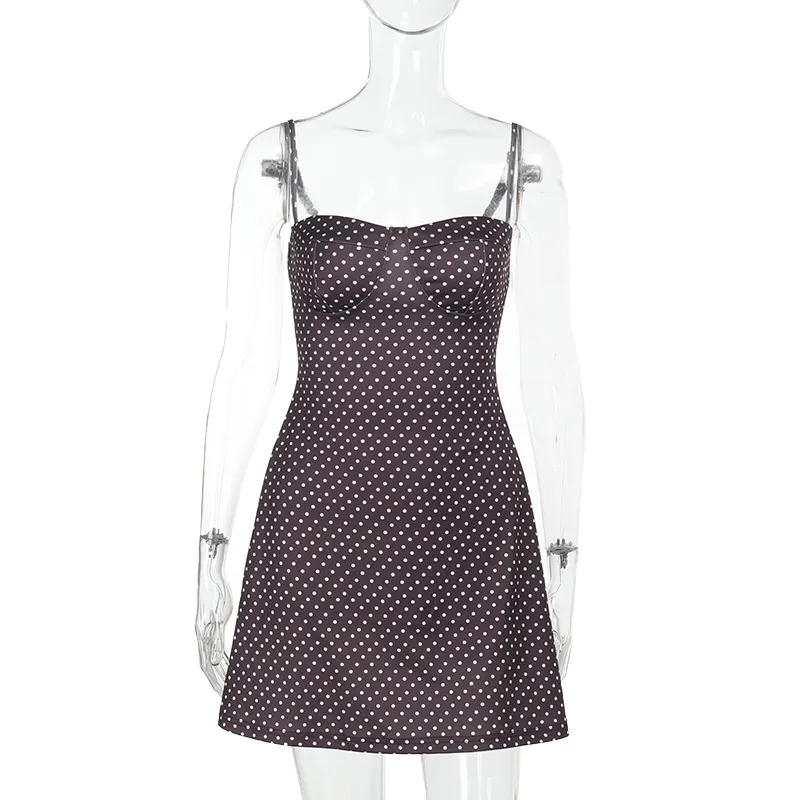 Women's Brown Satin Spaghetti Strap Polka Dot Bodycon Mini Dress
