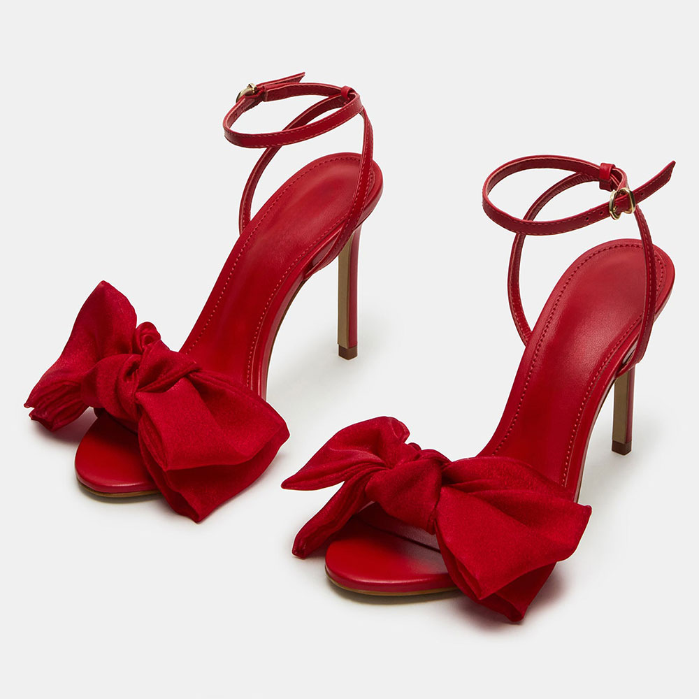 Red Stiletto Heel Buckle Ankle Strap Summer Sandals with Front Bow Nicepairs