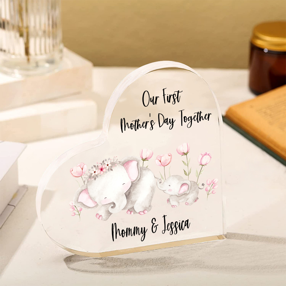 Our First Mother's Day Together - Personalised Text Acrylic Heart Keepsake Cute Elephants Ornaments-Jessemade AU