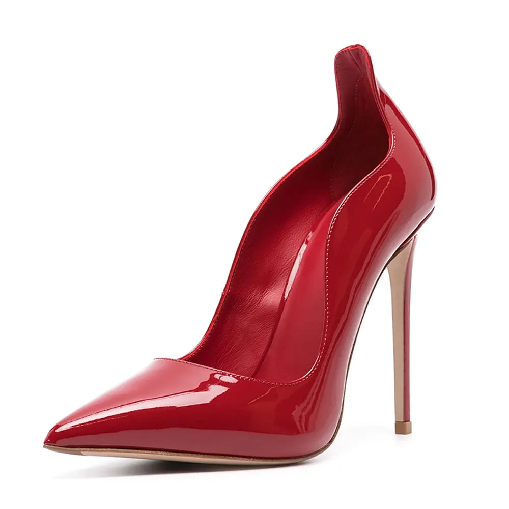 Women's Pointed Toe Stiletto High Heeled Red Pumps with Wave Edge