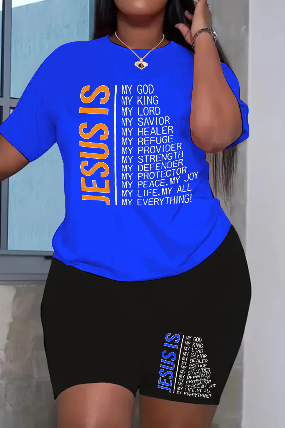 Plus Size Casual Orange Letter Print Round Neck T-Shirts Two Pieces Short Set [Pre-Order]