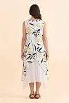 Back view of women's double-layer linen-blend summer dress showing asymmetric hemline