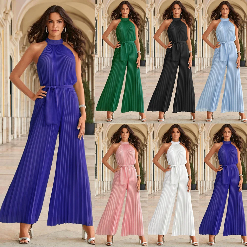 Sexy halterneck sleeveless pleated jumpsuit 2025 summer women's foreign trade new style lace-up slim pleated wide-leg pants